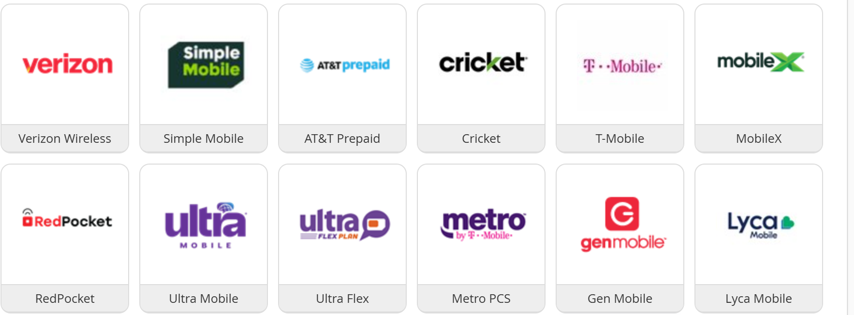 可协助续费的美国手机卡运营商：Verizon Wireless、Simple Mobile、AT&T Prepaid、Cricket、T-Mobile、MobileX、RedPocket、Ultra Mobile、Ultra Flex、Metro PCS、Gen Mobile、Lyca Mobile